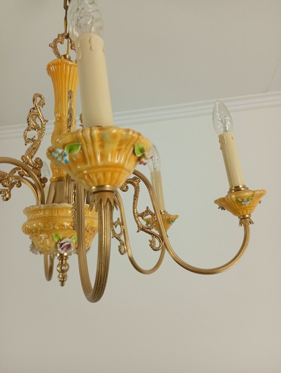 Vintage Chandelier Fixture 6 Arm Lights Porcelain Brass Italian Yellow Brown photo 358.0