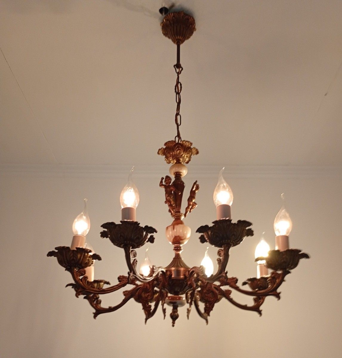 Gorgeous Chandelier With Putti Brass With Marble Parts Hollywood Regency Style V photo Lighting