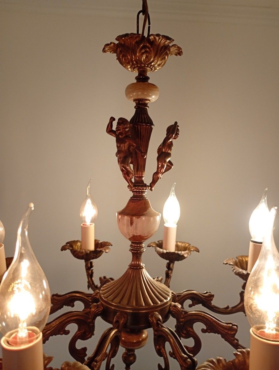Gorgeous Chandelier With Putti Brass With Marble Parts Hollywood Regency Style V photo 806.0