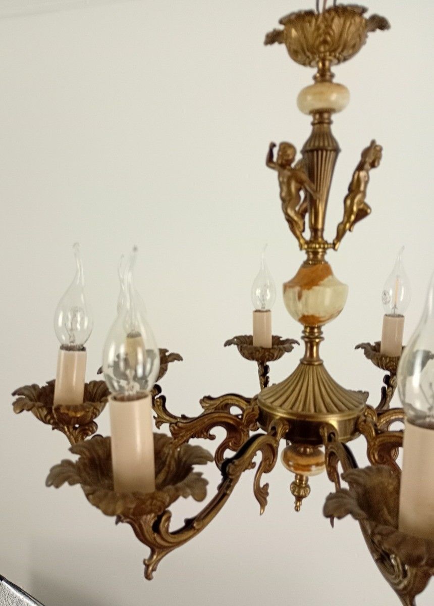 Gorgeous Chandelier With Putti Brass With Marble Parts Hollywood Regency Style V photo vinterior