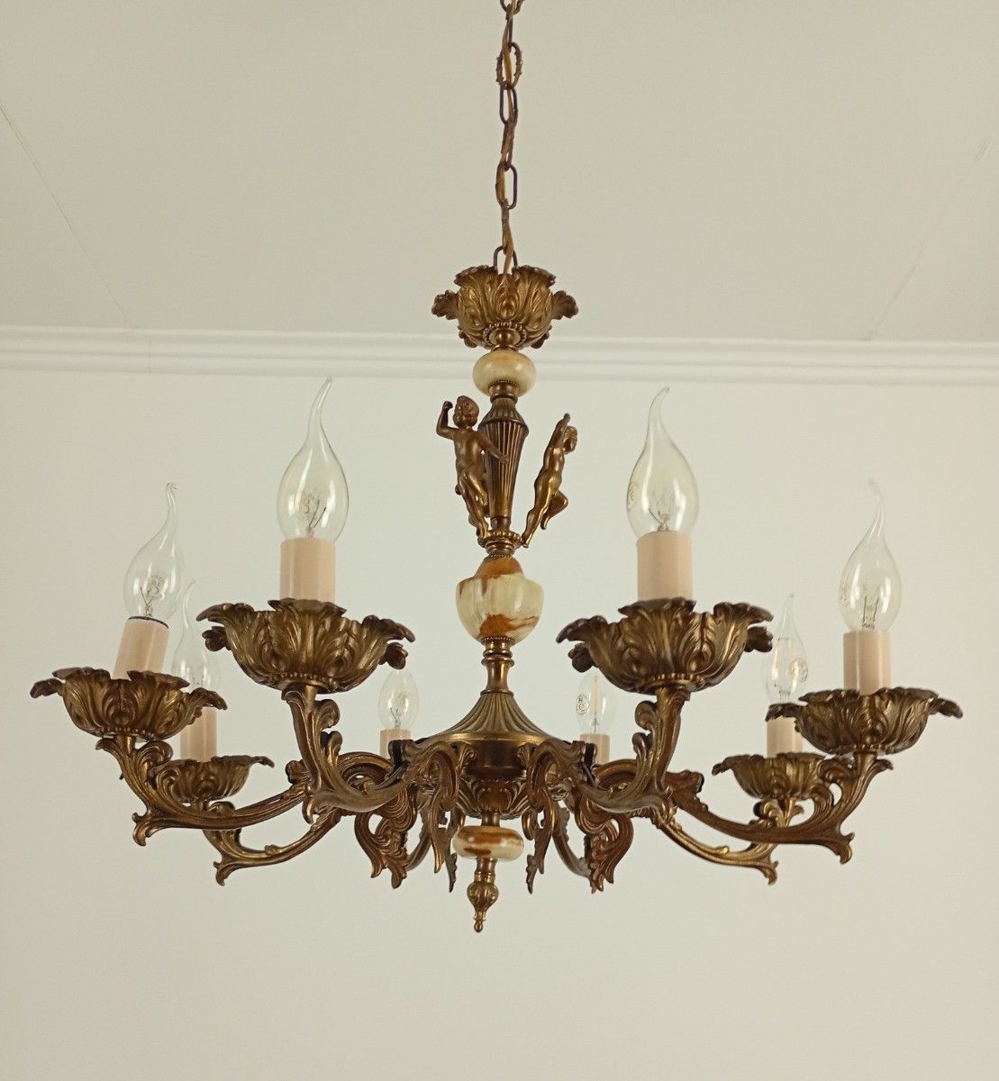 photo furniture Gorgeous Chandelier With Putti Brass With Marble Parts Hollywood Regency Style V
