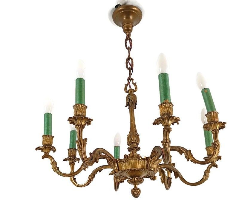 French Brass Hollywood Regency Style Chandelier 8 Arm Lights Ornate Green Candle