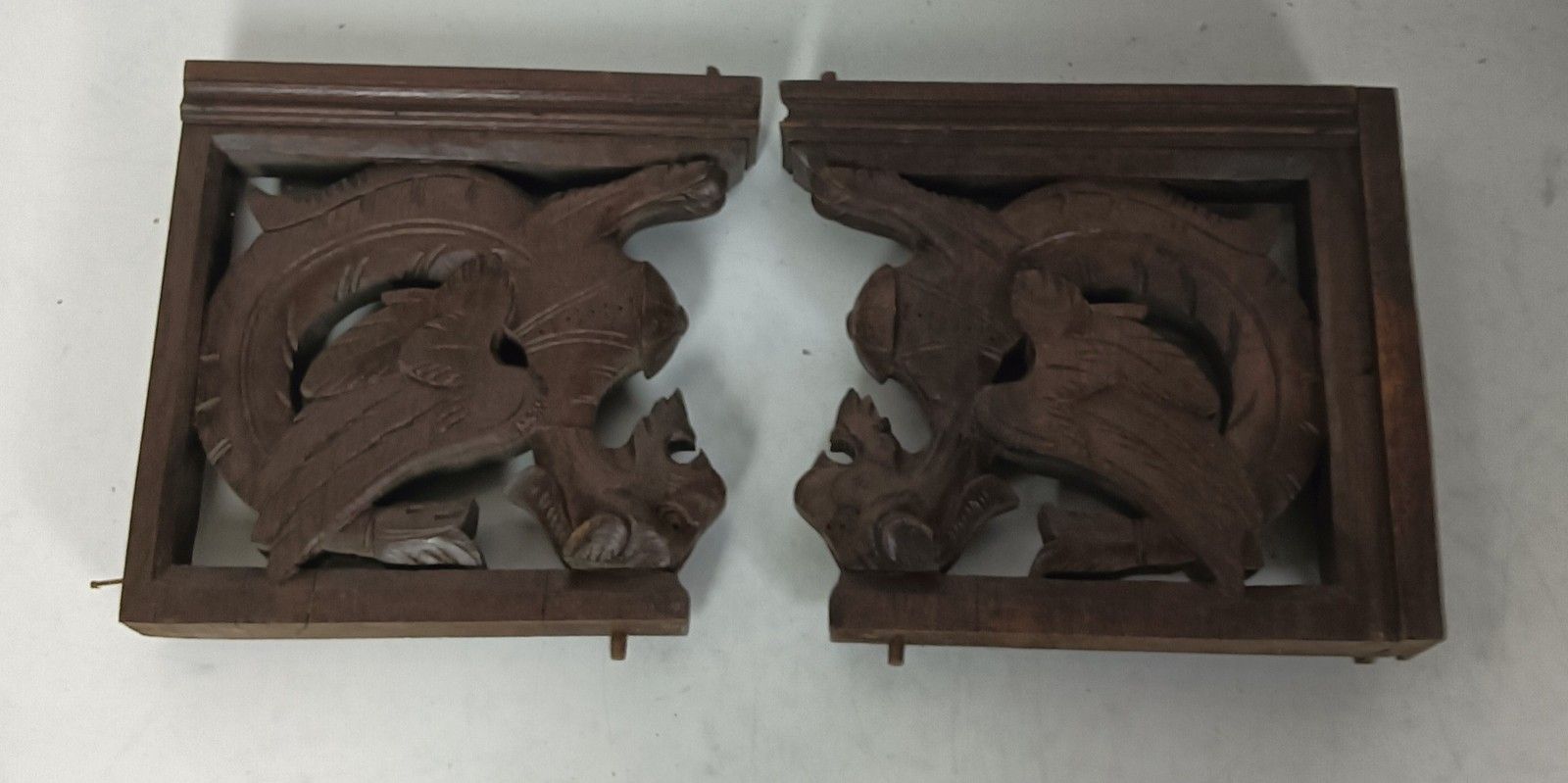 Couple  French Corbels Dragons Hand Carved Wood Brackets Gothic Architectural He photo 380.0