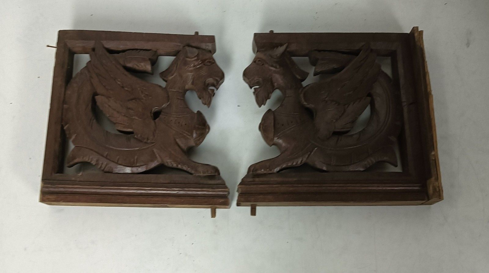 380.0 Couple  French Corbels Dragons Hand Carved Wood Brackets Gothic Architectural He photo