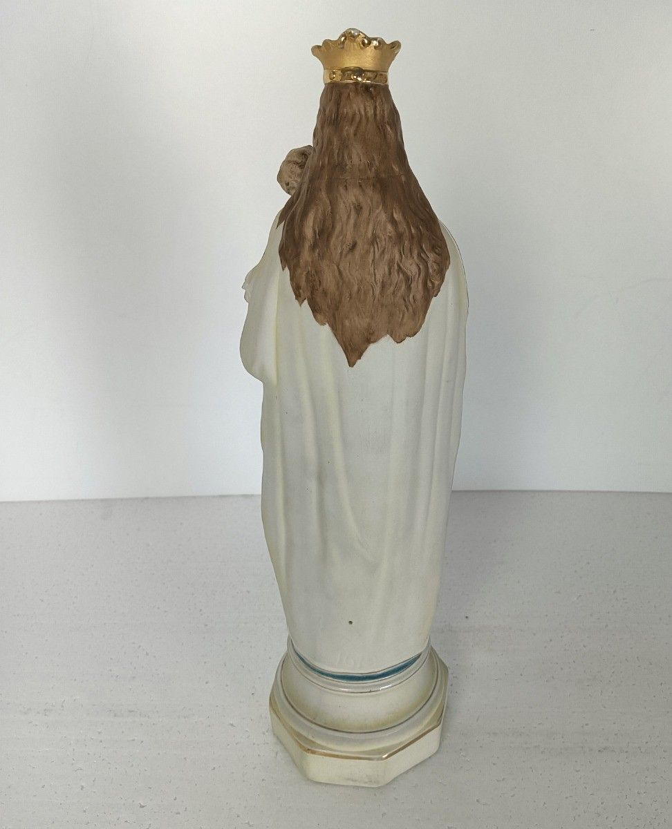 French Antique Bisque Statue Virgin Mary Lady Madonna With Infant Jesus Baby Blu photo Art