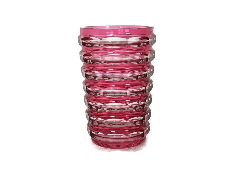 Val St Lambert Marked Small Etched Glass Crystalcut To  Clear Red Vase  Cranberr