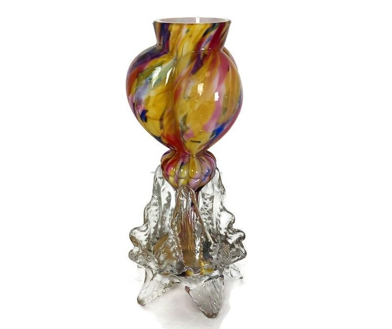 Franz Welz Antique Art Glass Rigaree Bud Vase Tri Lobed Czech Boheme