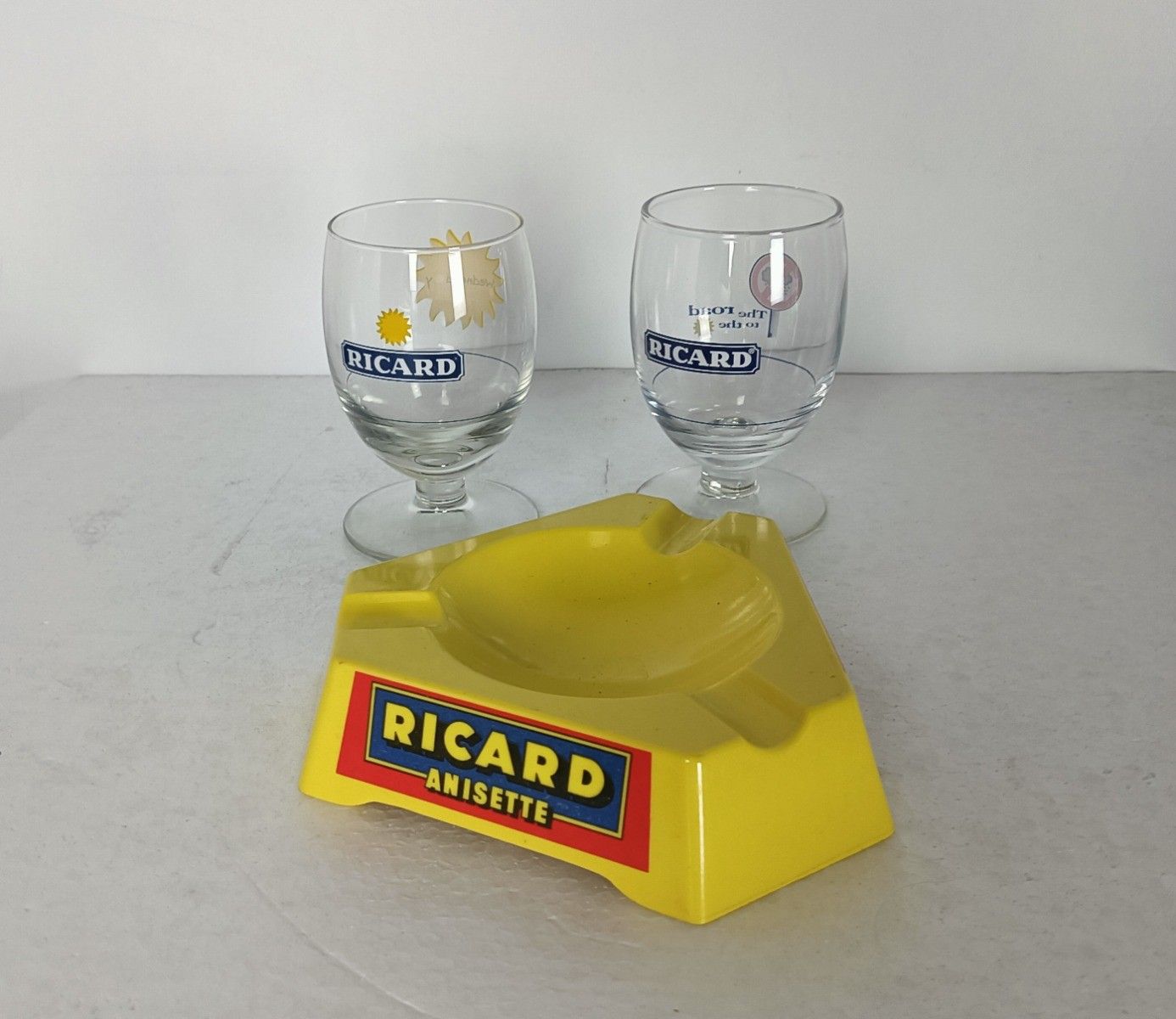 Set Of 2  Different French Ricard Glasses  + 1 Ashtray Pastis Apero Collector Ht photo furniture