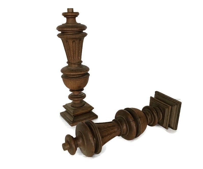 Set Of 2 Reclaimed Carved Wood Antique Spindles Balusters Trim Posts Pillar Arch