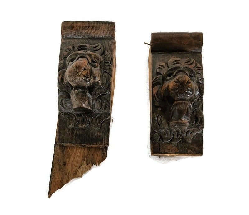 Antique Couple Corbels Hand Carved Wood Architectural Reclaimed Lion Heads Trims