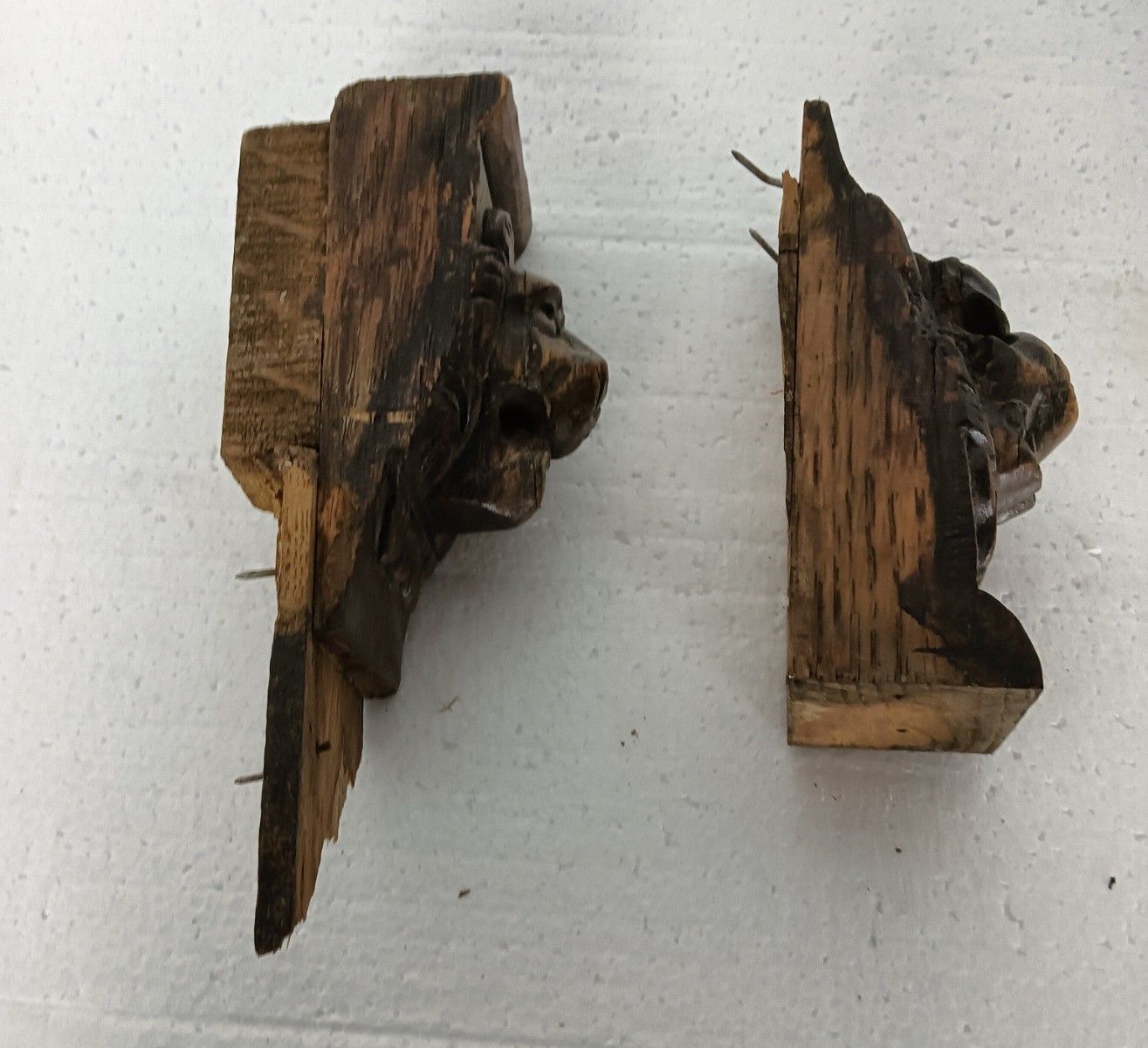 Antique Couple Corbels Hand Carved Wood Architectural Reclaimed Lion Heads Trims photo for sale