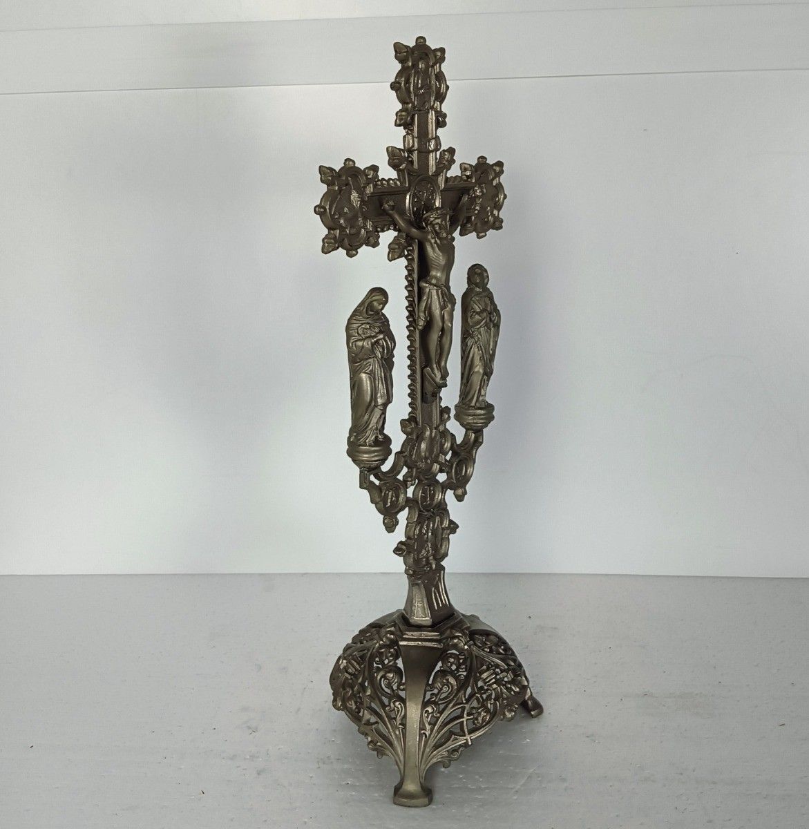 Standing Crucifix Cross Saint John Saint Mary Magdalene Golgotha Apostles Spelte photo furniture