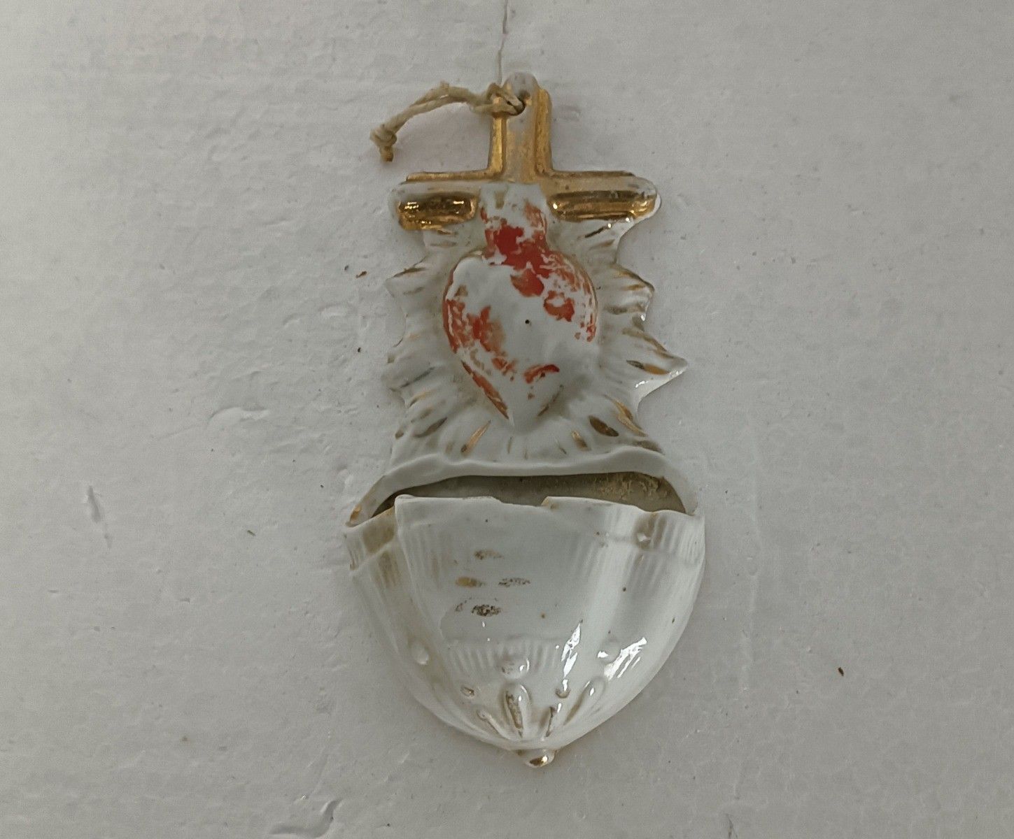 Antique Small Holy Water Font Vessel Bisque Porcelain Holy Heart Wall Hanging