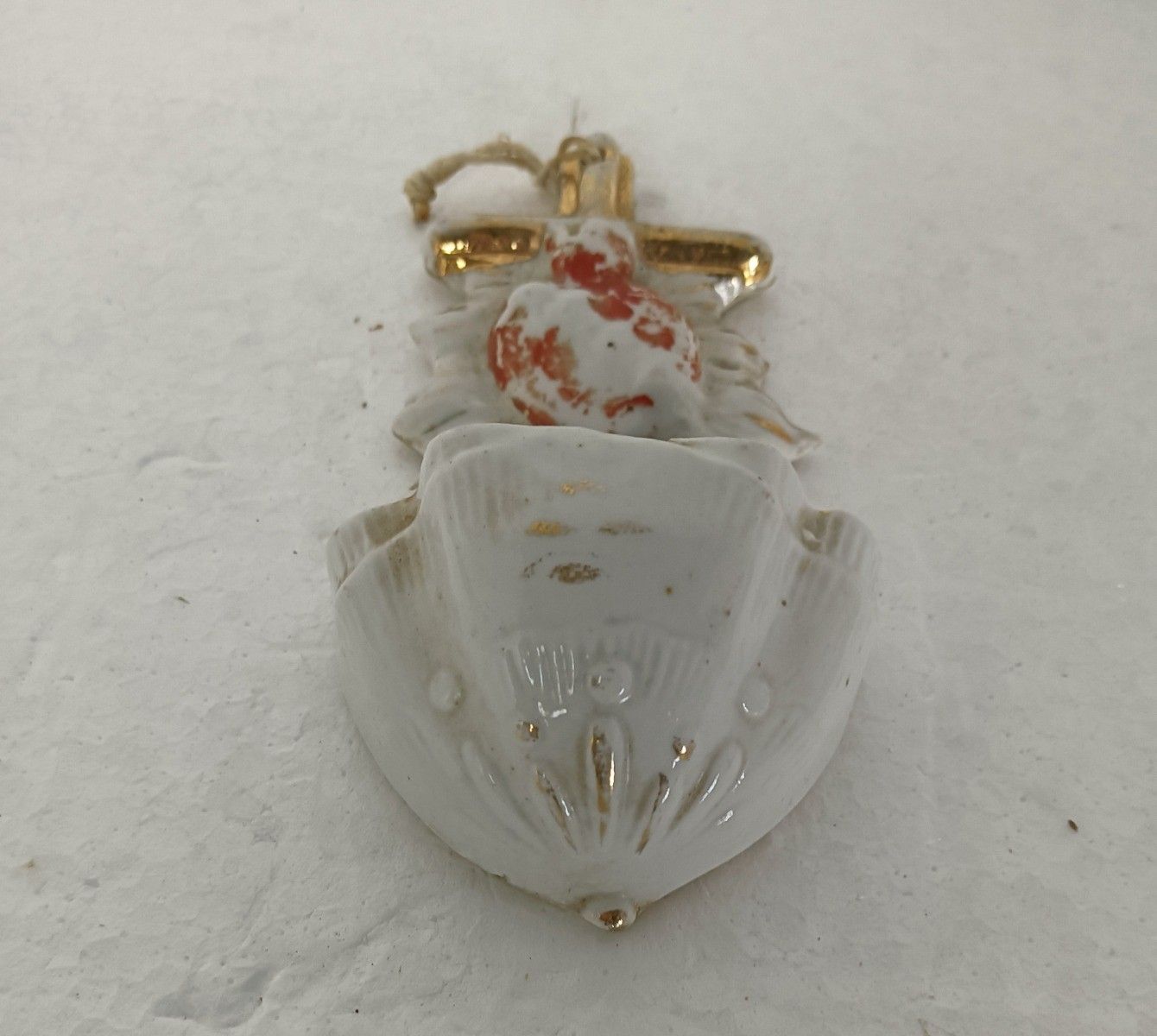 Antique Small Holy Water Font Vessel Bisque Porcelain Holy Heart Wall Hanging photo for sale