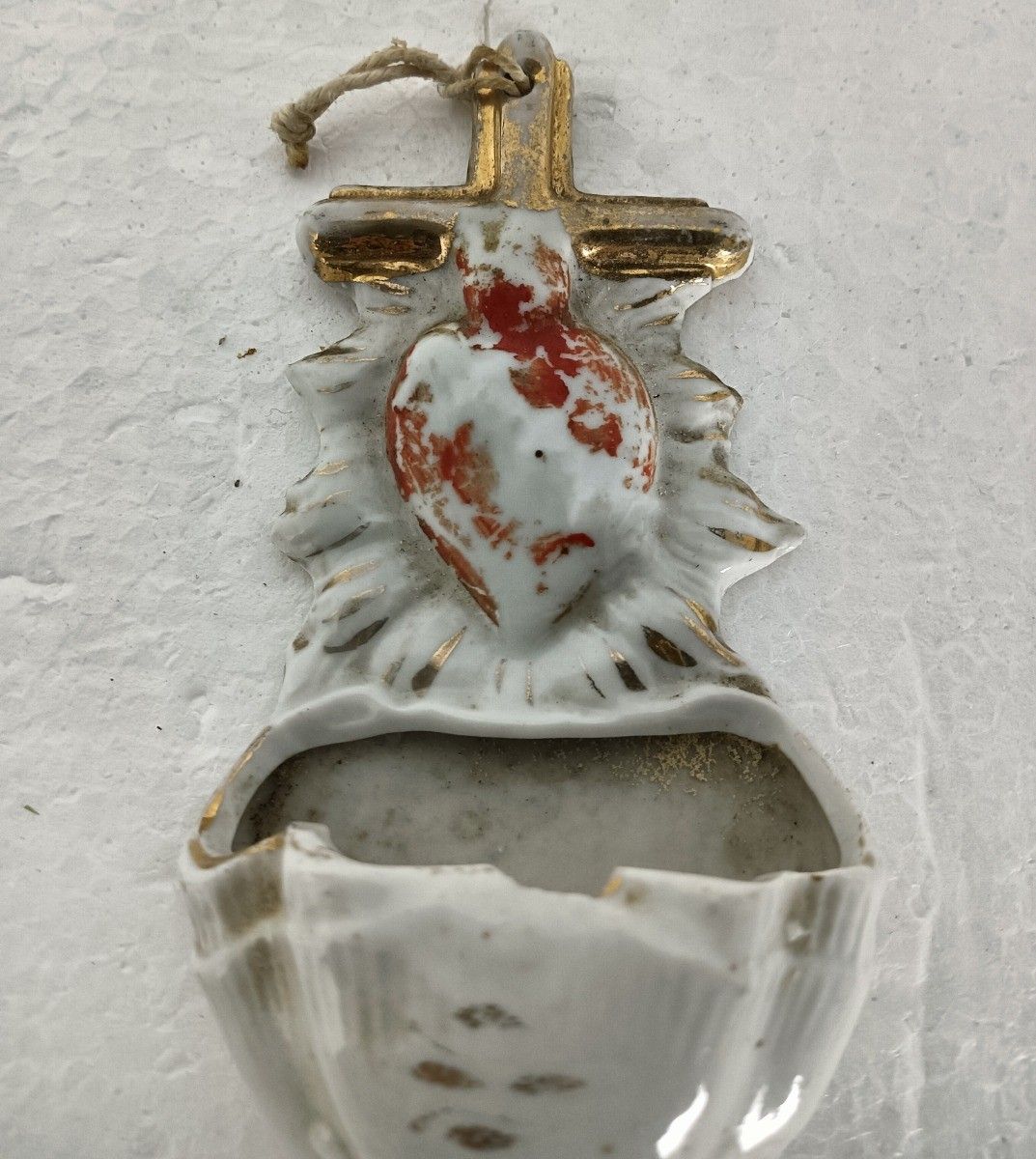 Antique Small Holy Water Font Vessel Bisque Porcelain Holy Heart Wall Hanging photo Art