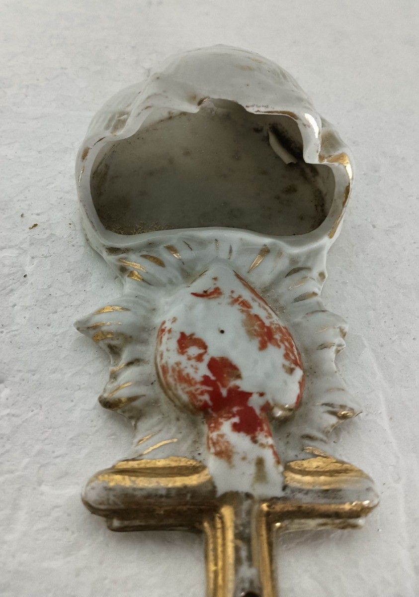 Antique Small Holy Water Font Vessel Bisque Porcelain Holy Heart Wall Hanging photo buy