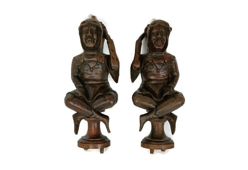 Pair Corbels Hand Carved Wood Panels Architectural Reclaimed Figurines Soldiers