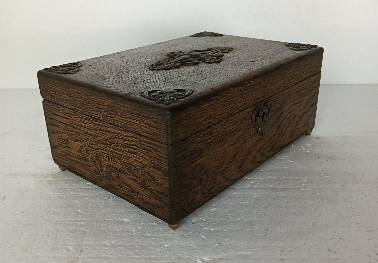 Antique  Wooden French Small Hope Chest Trunk Trinket Jewelry Box Metal Trim photo vintage