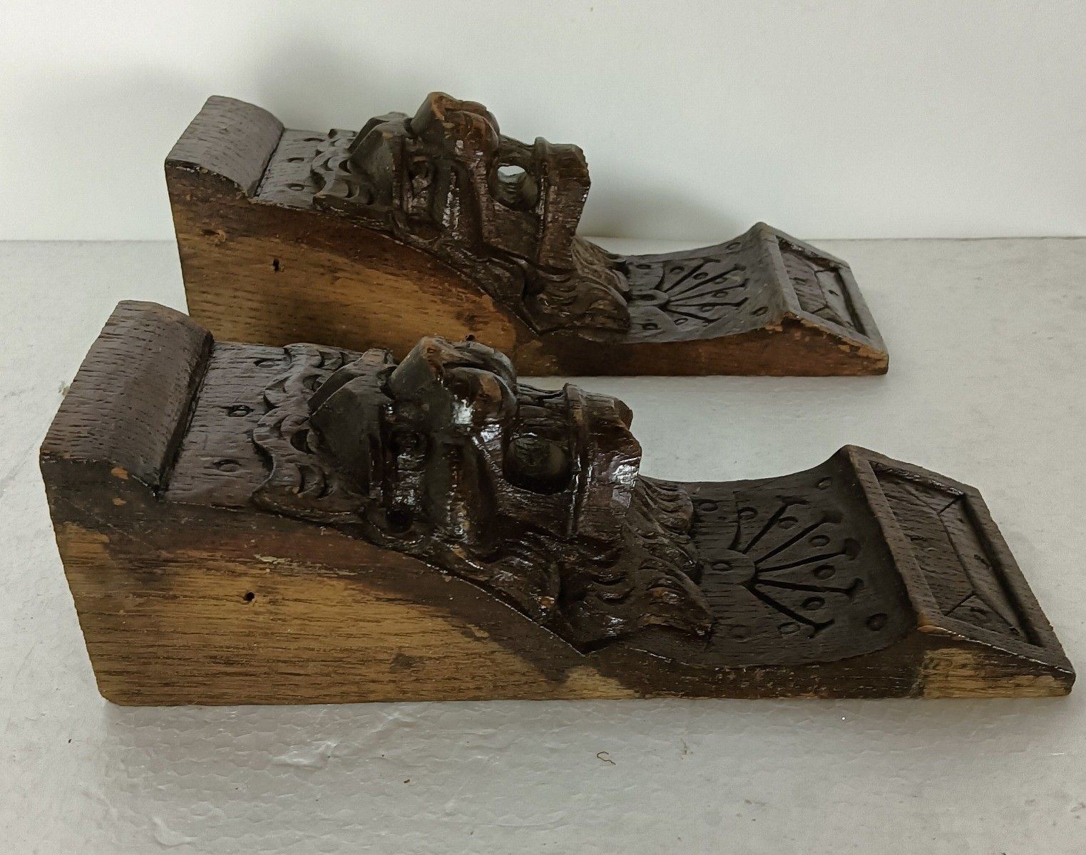 Antique Pair Corbels Hand Carved Wood Architectural Reclaimed Loon Heads Trims L photo vintage