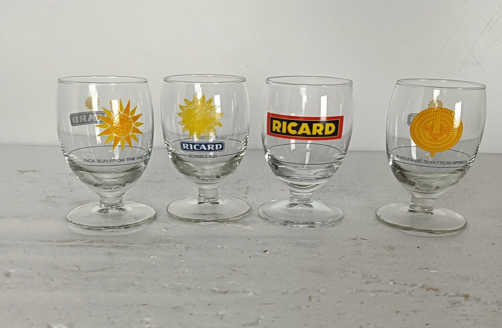 Set Of 4 Different Vintage French Ricard Glasses Pastis Apero France