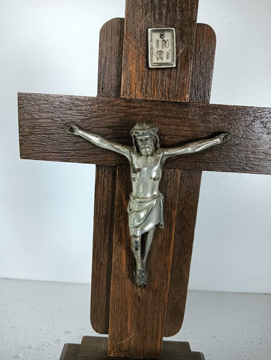 Art Deco Standing Table Crucifix Wood Spelter Corpus Christi Crucifixion Antique photo vinterior