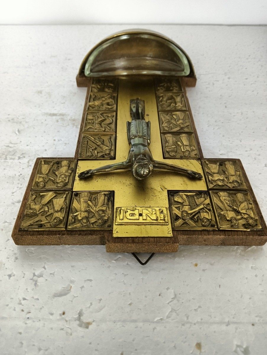 Large Holy Water Font Vessel Wall Hanging Antique Modernist Hammered Copper On W photo furniture
