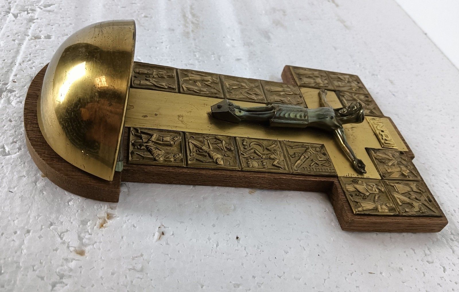 Large Holy Water Font Vessel Wall Hanging Antique Modernist Hammered Copper On W photo vinterior