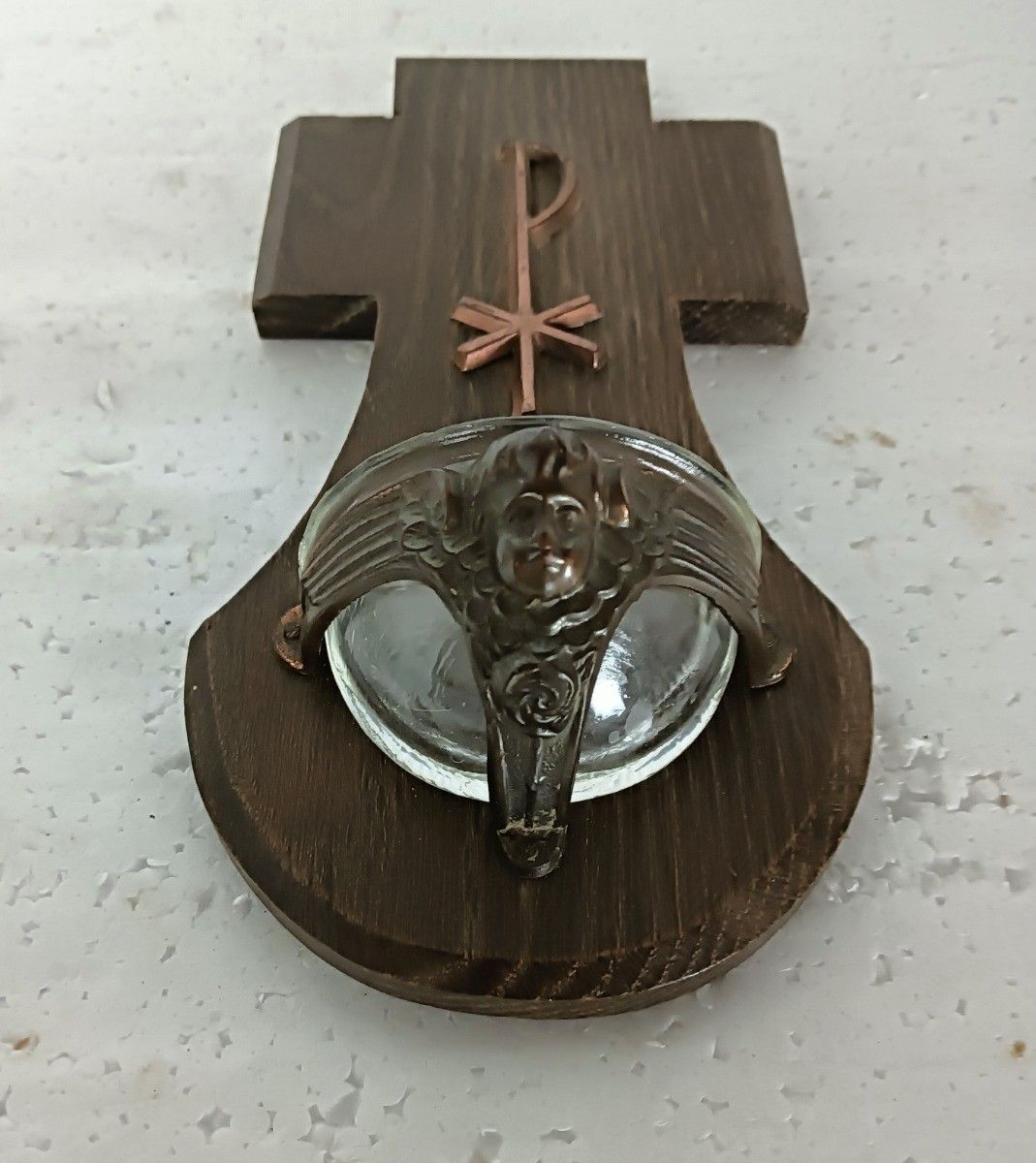 Holy Water Font Vessel Wall Hanging Antique Wood Copper Angels Lovely photo for sale