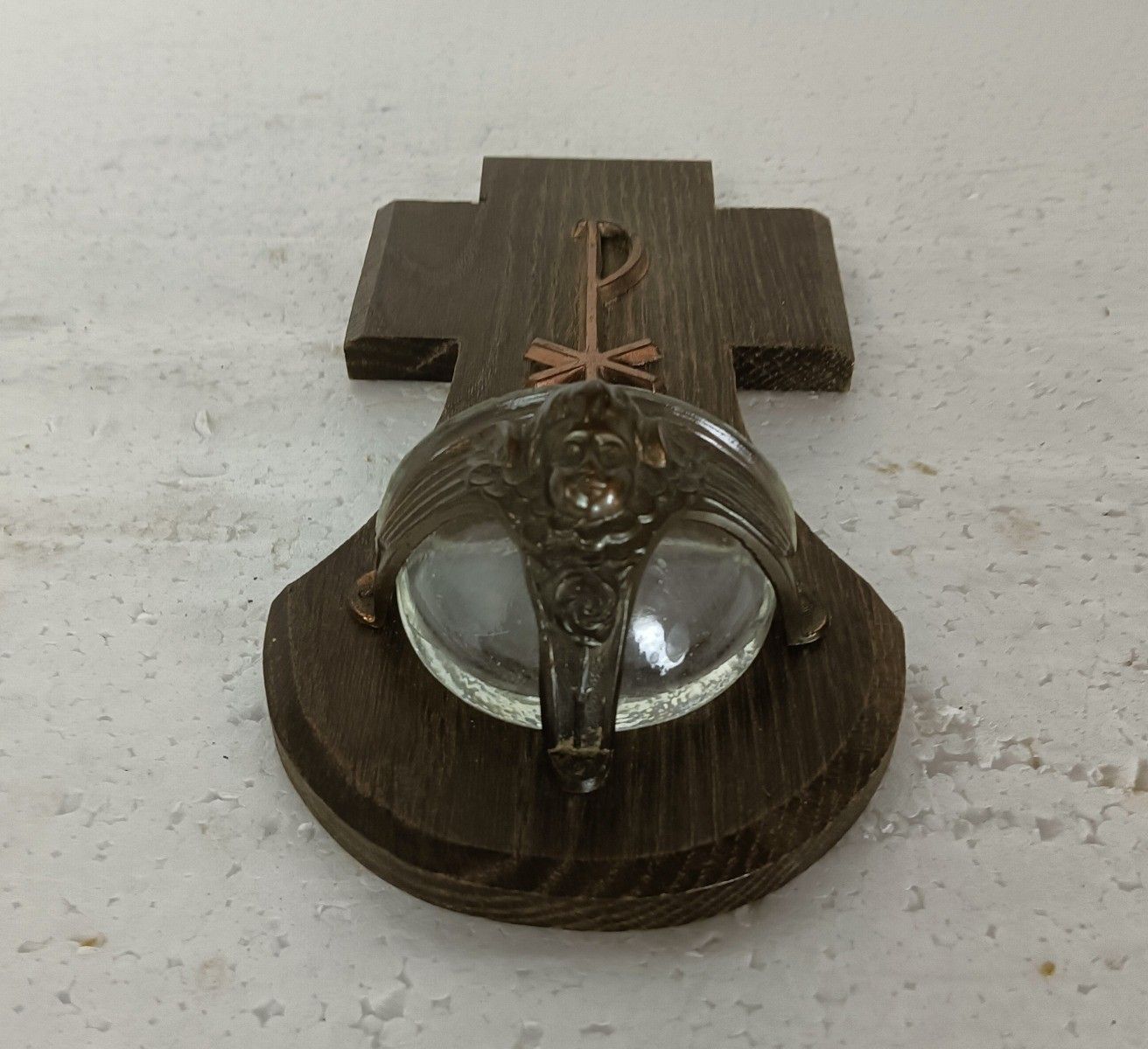 Holy Water Font Vessel Wall Hanging Antique Wood Copper Angels Lovely photo Art