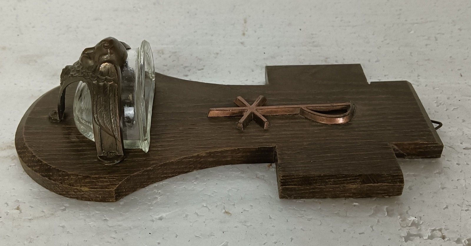Holy Water Font Vessel Wall Hanging Antique Wood Copper Angels Lovely photo vintage