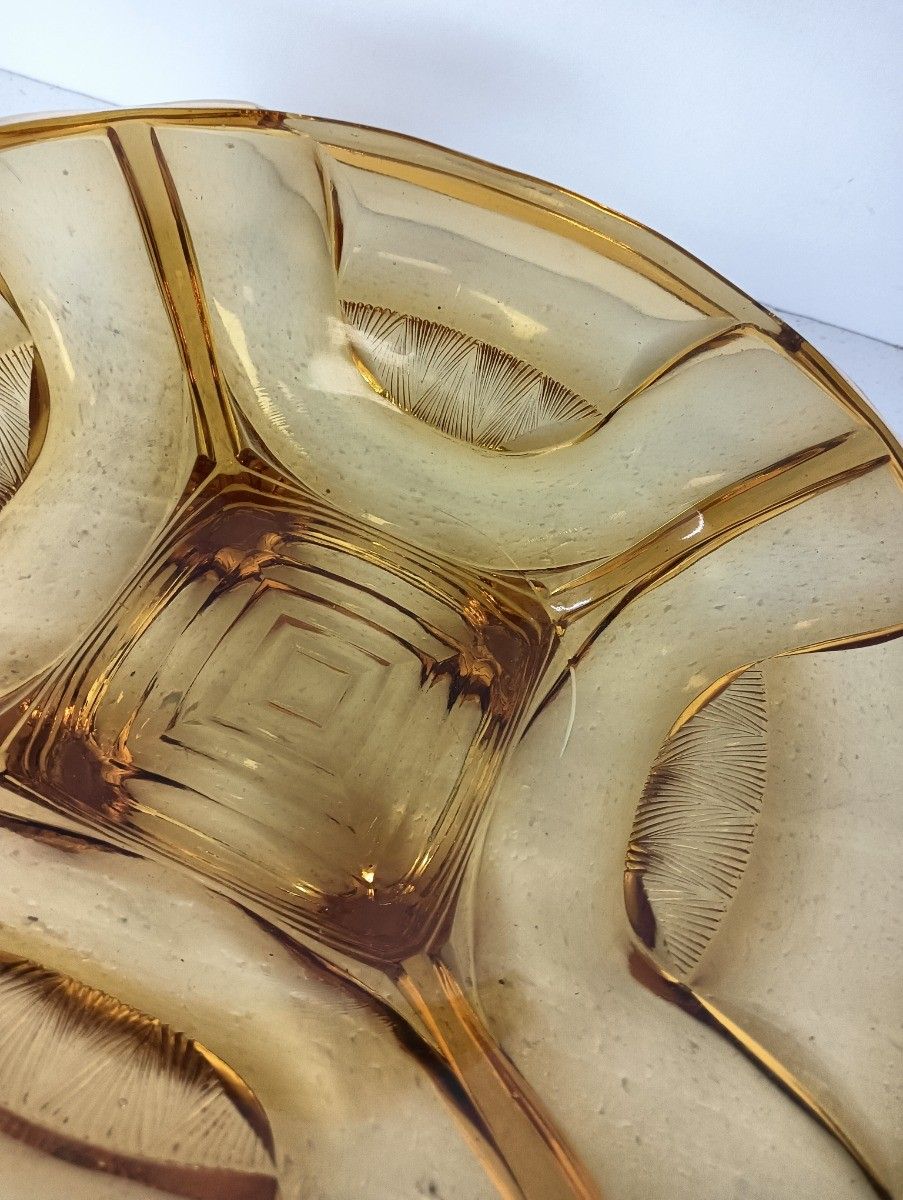 Home Decor Antique Art Deco Brown Amber Art Glass Dish Serving Platter Cake Stand Stylish photo