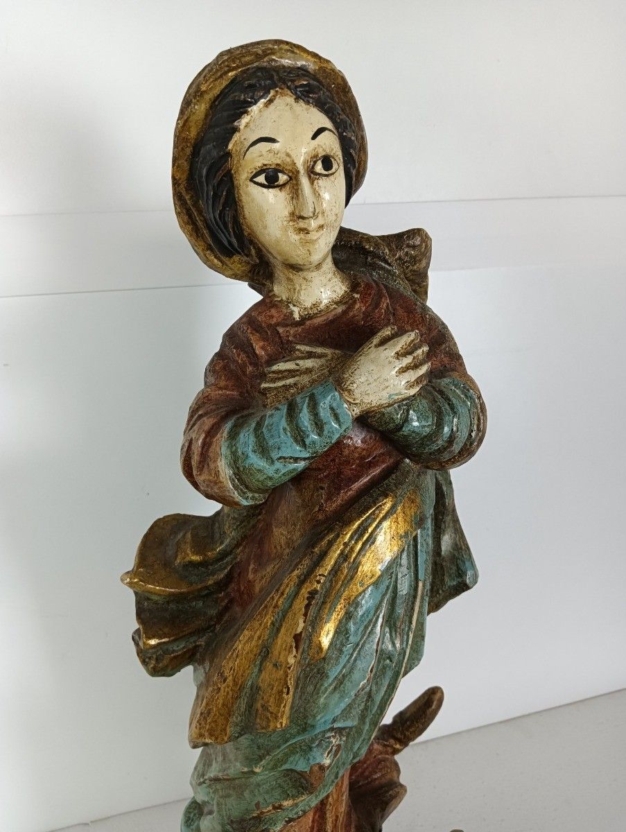 Antique Spanish Wood  Statue Madonna Polychrome Virgin Mary photo for sale
