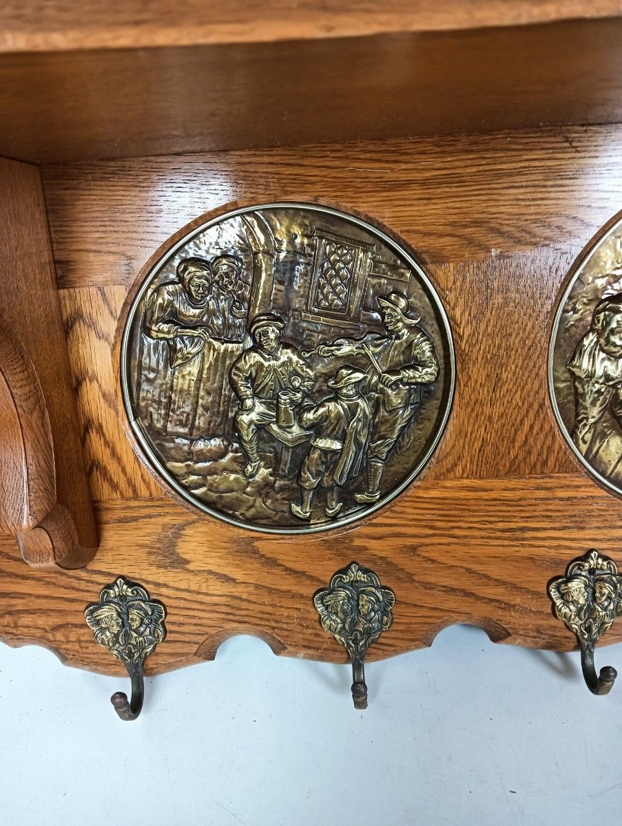 Hand Carved Wood Coat Hat Rack Breughel Style Brueghel Brass Plaques Vintage photo vinterior