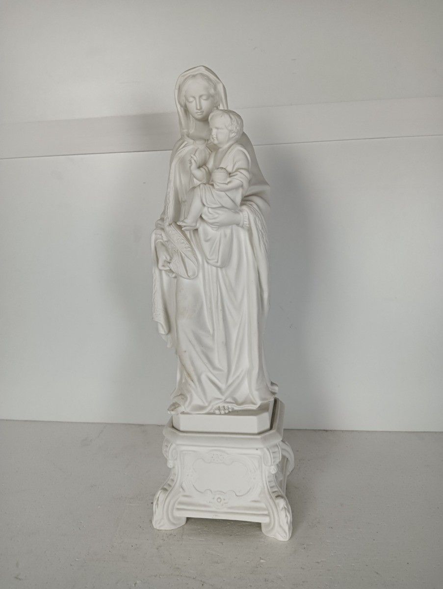 Large Antique French Bisque Porcelain Statue Madonna Virgin Mary Infant Jesus photo furniture