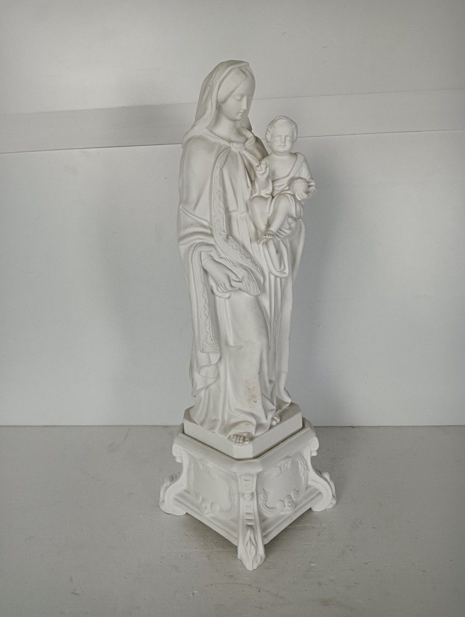 Large Antique French Bisque Porcelain Statue Madonna Virgin Mary Infant Jesus photo 626.0