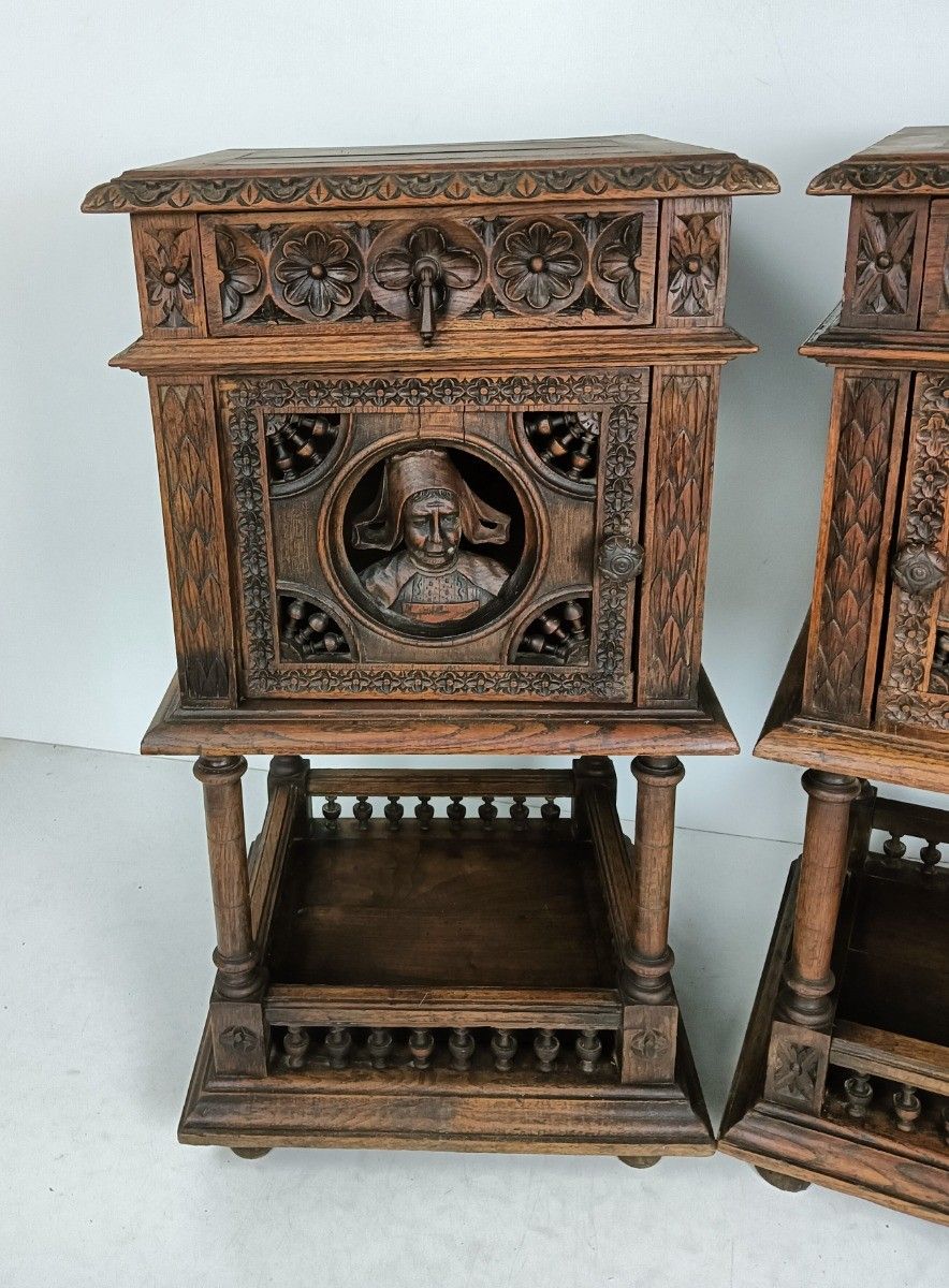 Antique Hand Carved Wood Breton France Nightstands End Tables Bedroom Cabinets W photo vinterior