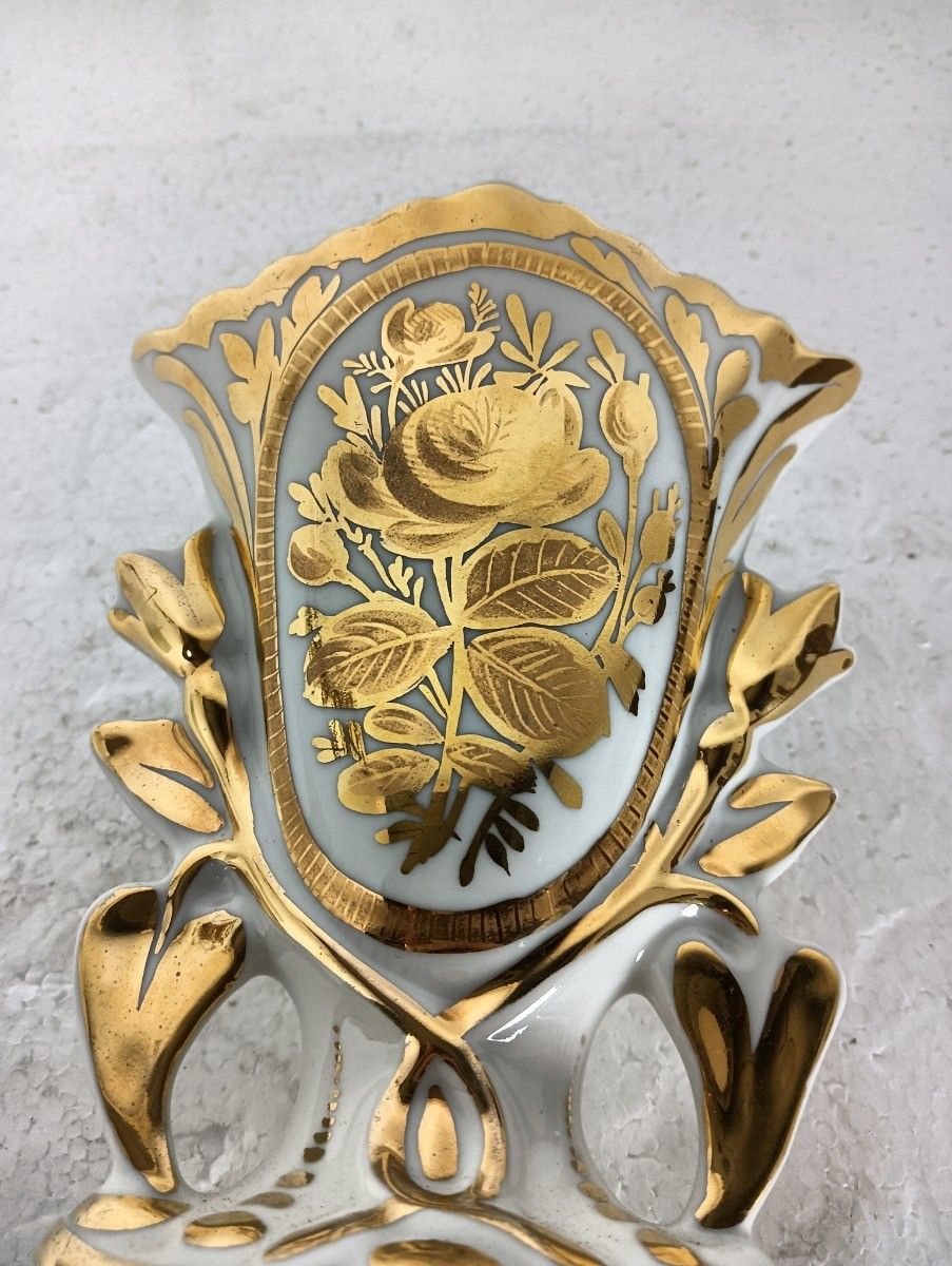Antique  Porcelain Fan Flair Vase  Gold Gilded Vieux Paris Decoration photo vintage