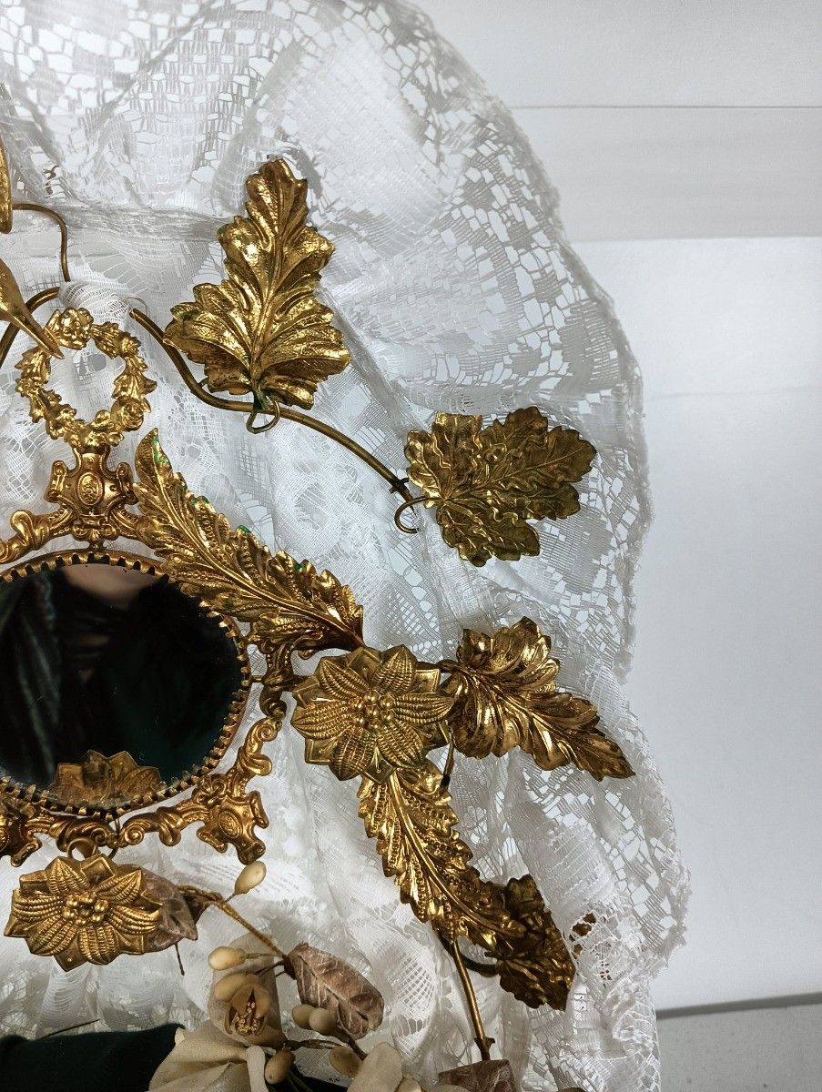 Oval Antique 1800s Victorian French Bridal Wedding Dome Gold Ormulu Gilt Leafs F photo 873.0