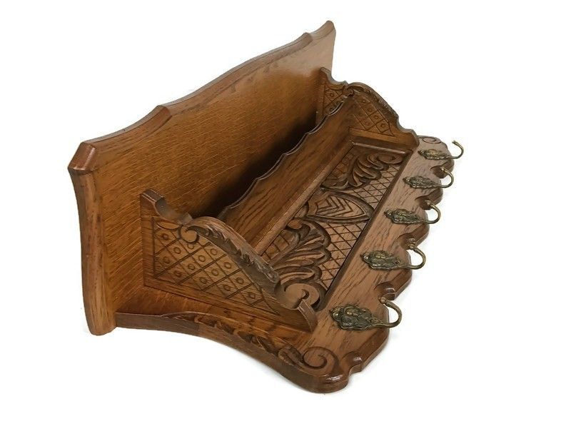 Vintage Coat Hat Rack Kitchen Hallway Carved Wood Ornate 5 Hooks