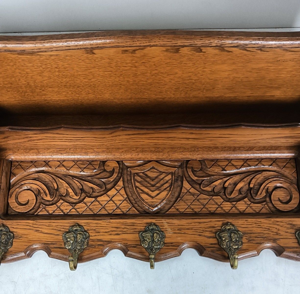 Vintage Coat Hat Rack Kitchen Hallway Carved Wood Ornate 5 Hooks photo buy