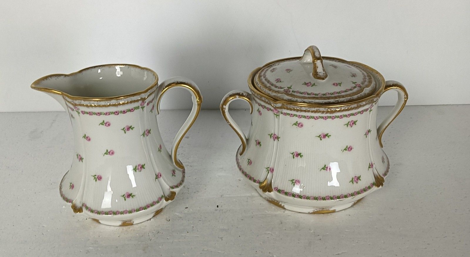 Sugar Bowl Creamer Large Antique Dekor Gilda Limoges Rose Buds Frognet Set Of 2 photo vinterior