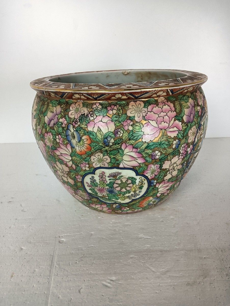 Vintage Chinese Porcelain Enamel Koi Fish Bowl Planter Vase Flowers Cachepot Han photo vintage