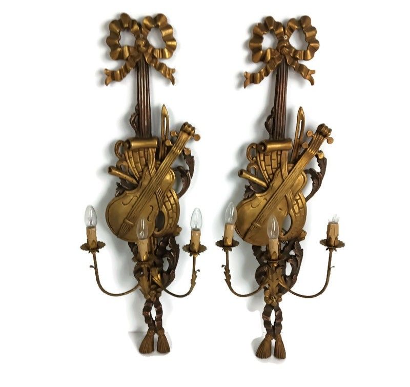 Large Couple Wall Sconces Lamps Sheaf Of Wheat Antique Wood Musical Instrument