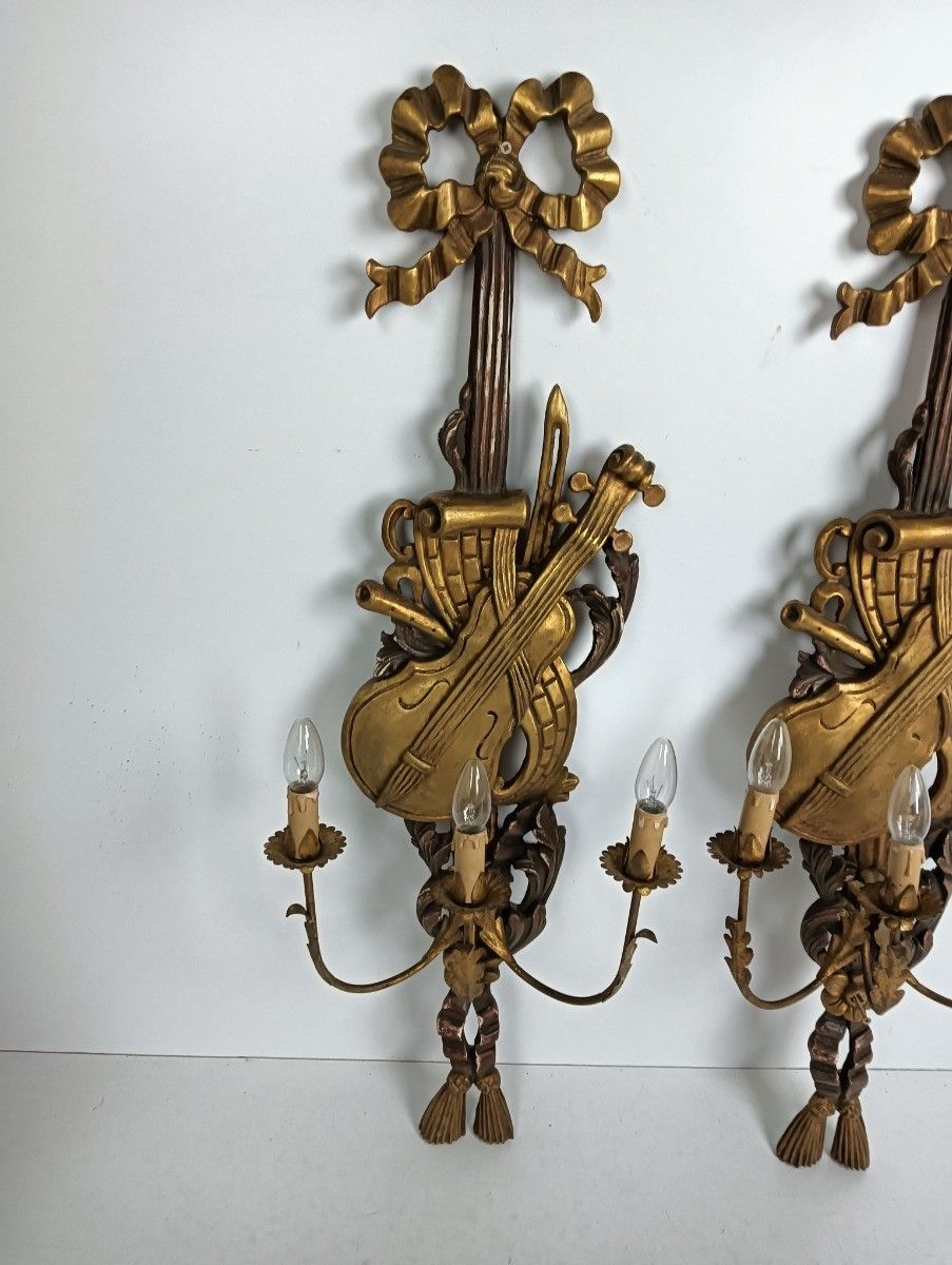 Large Couple Wall Sconces Lamps Sheaf Of Wheat Antique Wood Musical Instrument photo for sale