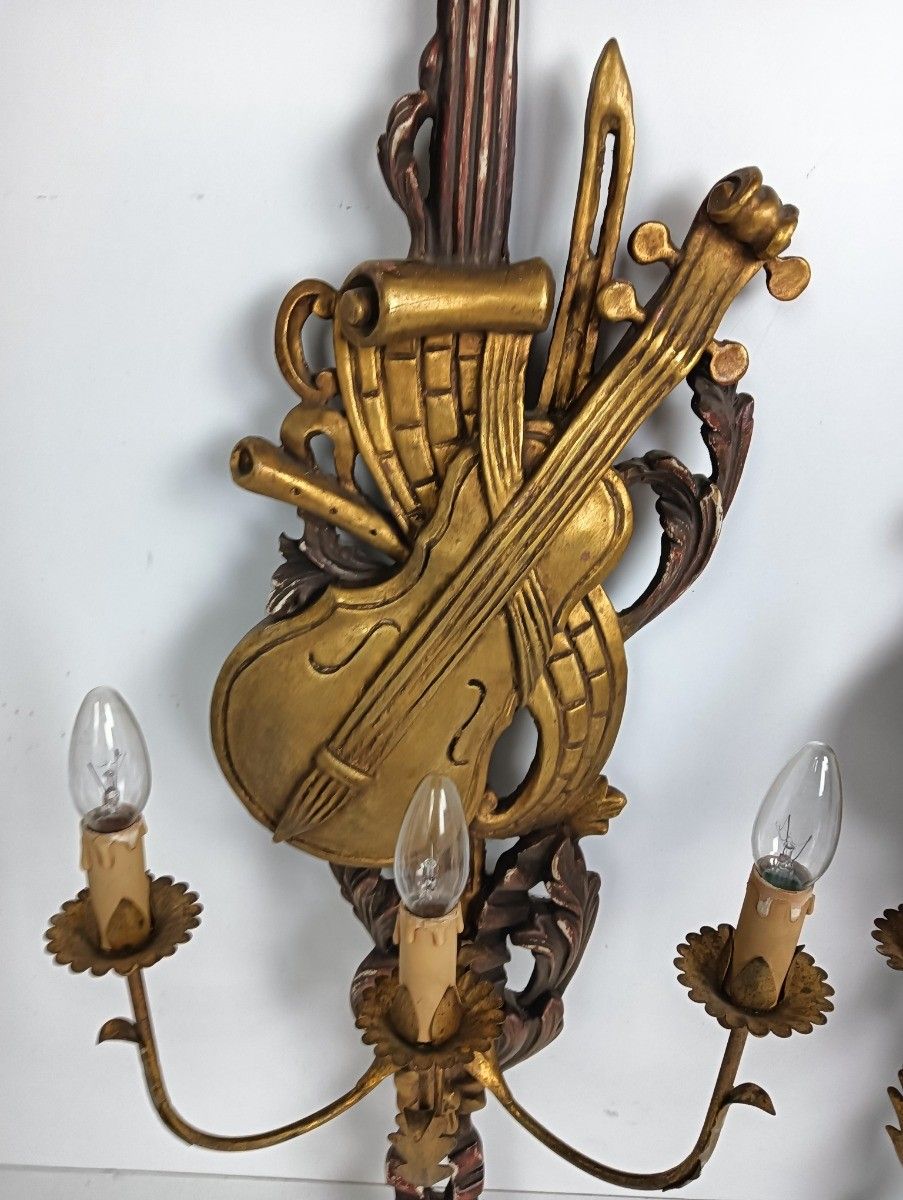 Large Couple Wall Sconces Lamps Sheaf Of Wheat Antique Wood Musical Instrument photo Lighting
