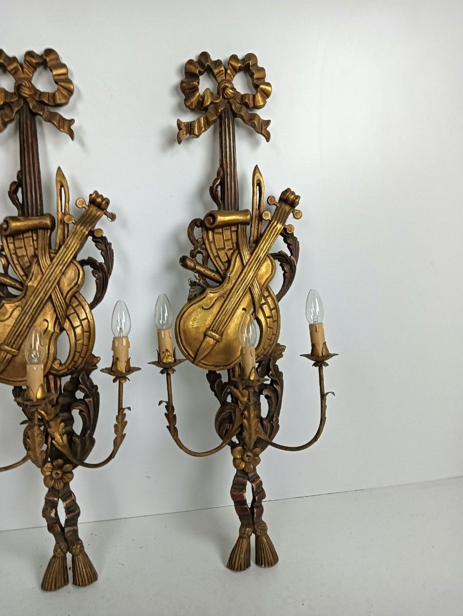 Large Pair  Wall Sconces Lamps Sheaf Of Wheat Antique Wood Musical Instrument Ho photo for sale