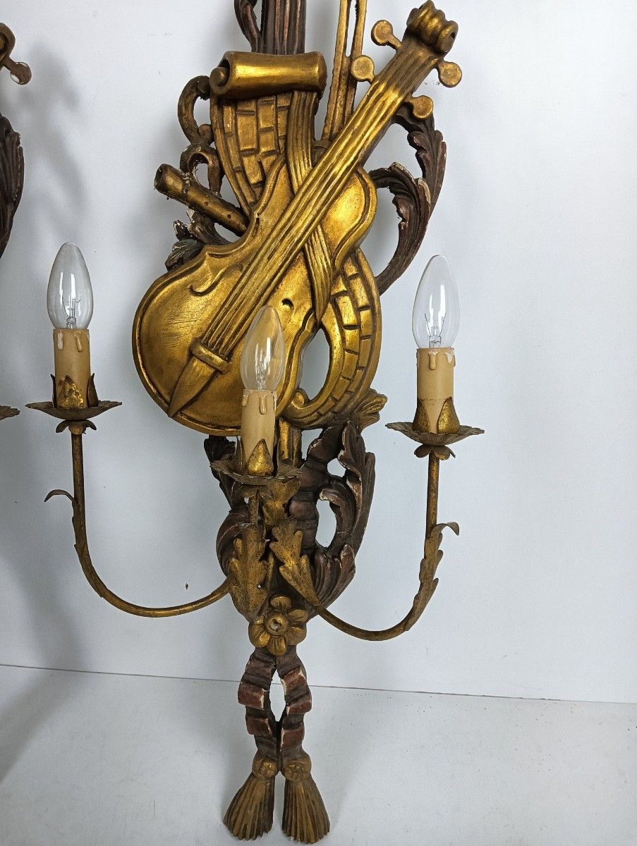 Large Pair  Wall Sconces Lamps Sheaf Of Wheat Antique Wood Musical Instrument Ho photo vinterior