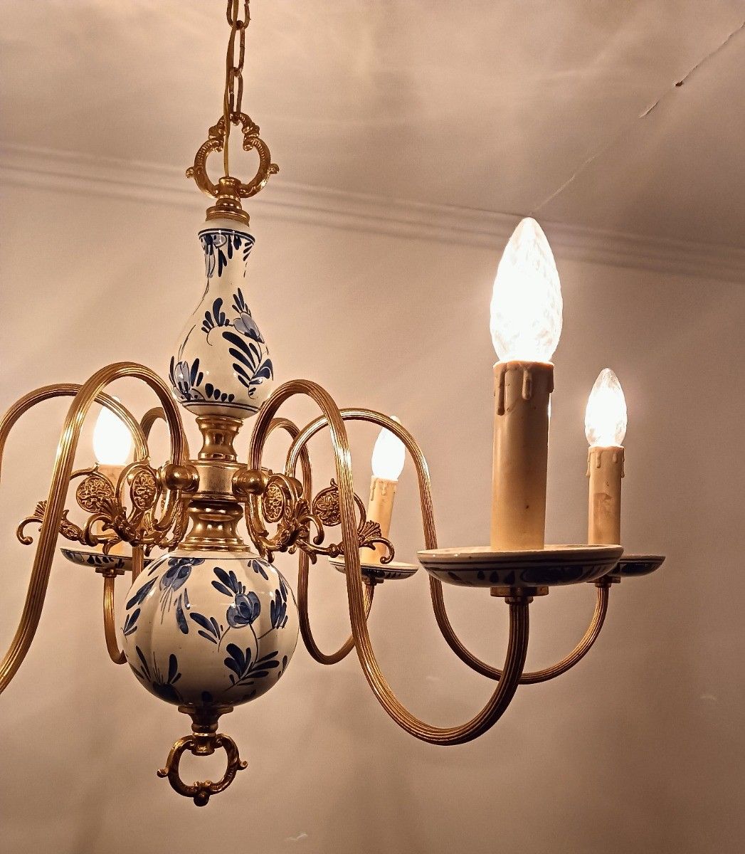 photo for sale Delft Chandelier Blue White 6 Arm 6 Lights Modernist Vintage Barn Style Porcelai