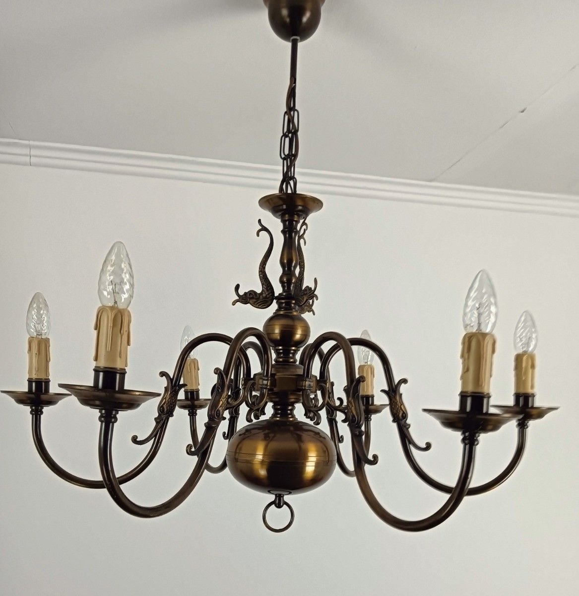 Flemish Dutch Chandelier 6 Arms Lights Brass  Vintage Barn Farmhouse Fixture photo for sale