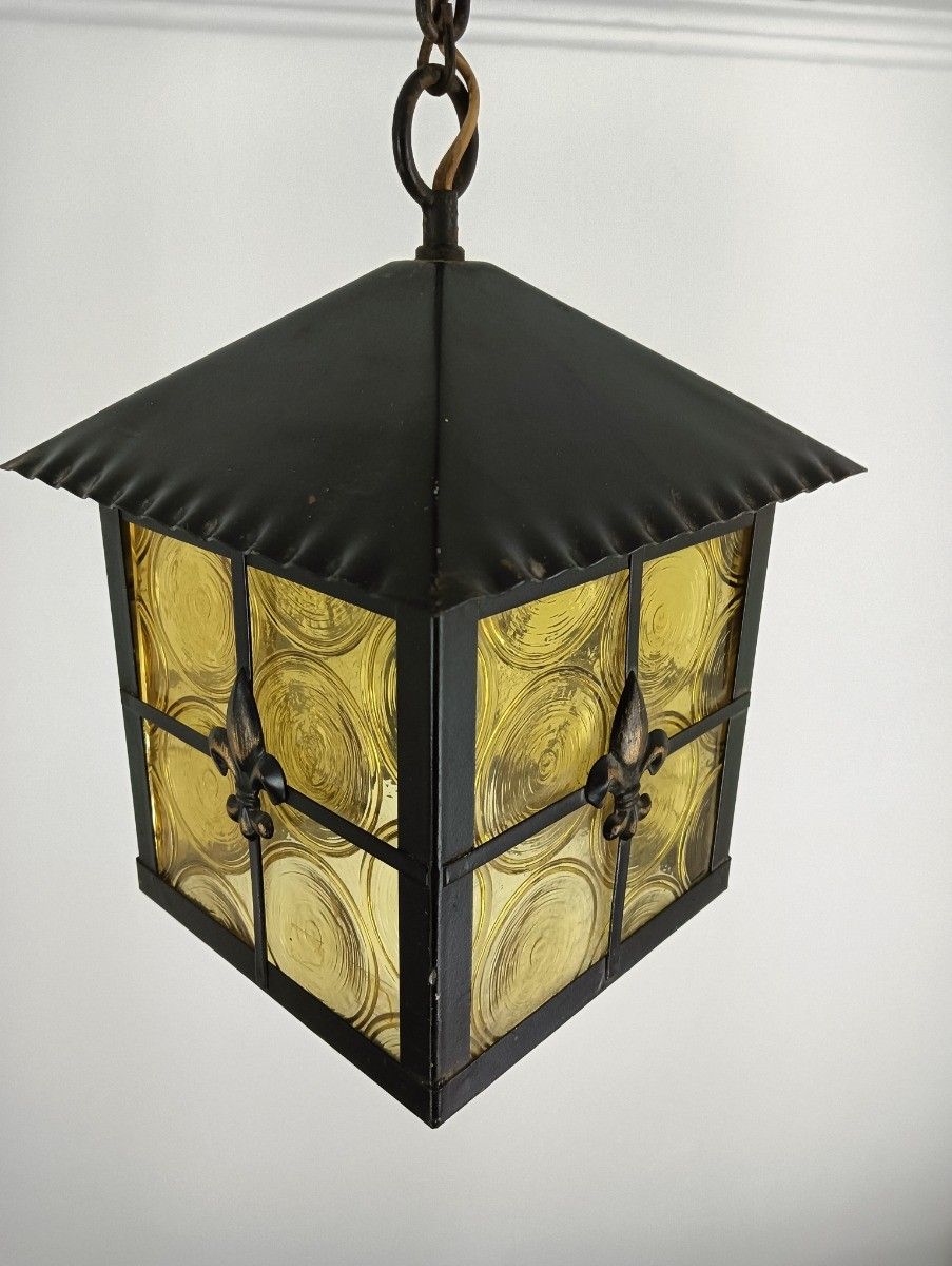 Hall Lamp Chandelier Amber  Glass Wrought Iron Vintage Hanging Light 1 Light Fix photo for sale